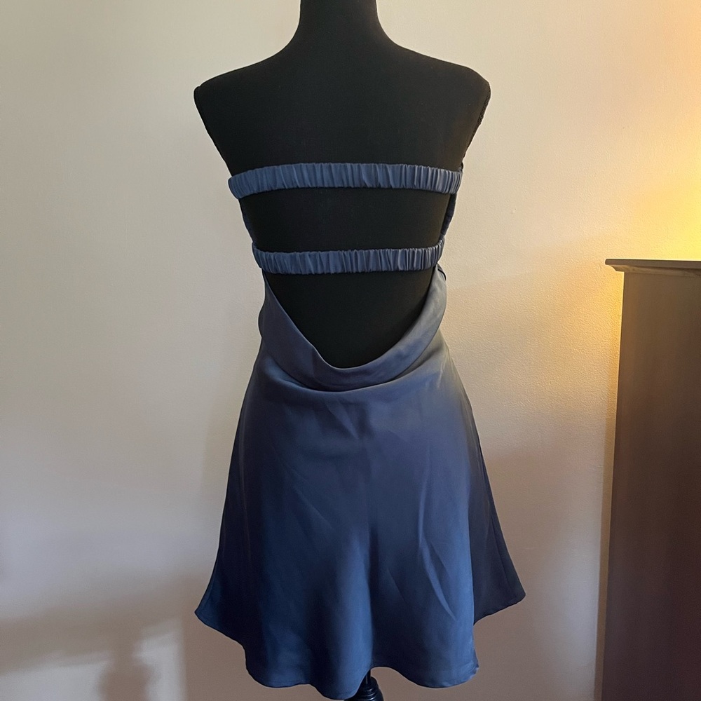 Satin Blue Strapless Minidress - Picture 4 of 8